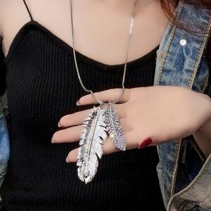 Crystal Double Feather Pendant Sweater Necklace